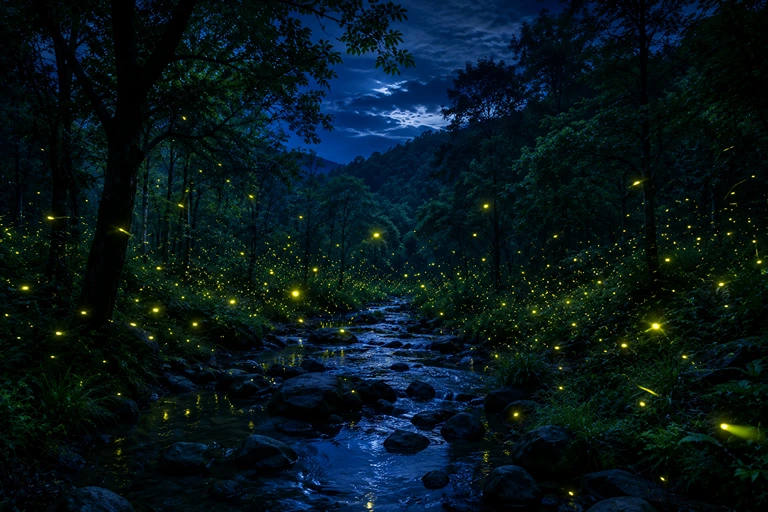 Fireflies at night in a forest