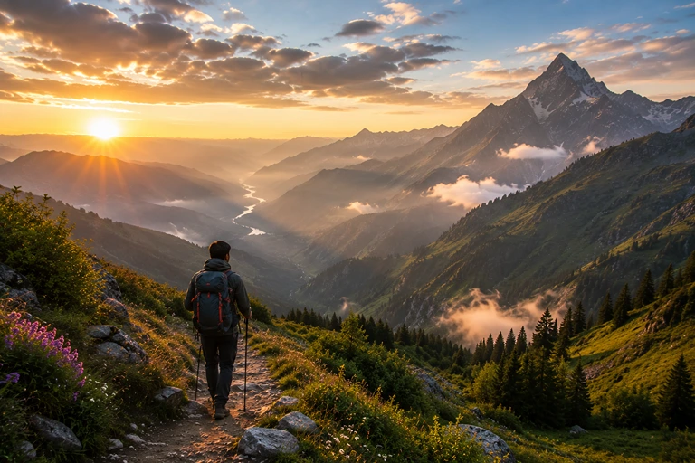 Solo trekker navigating a trail