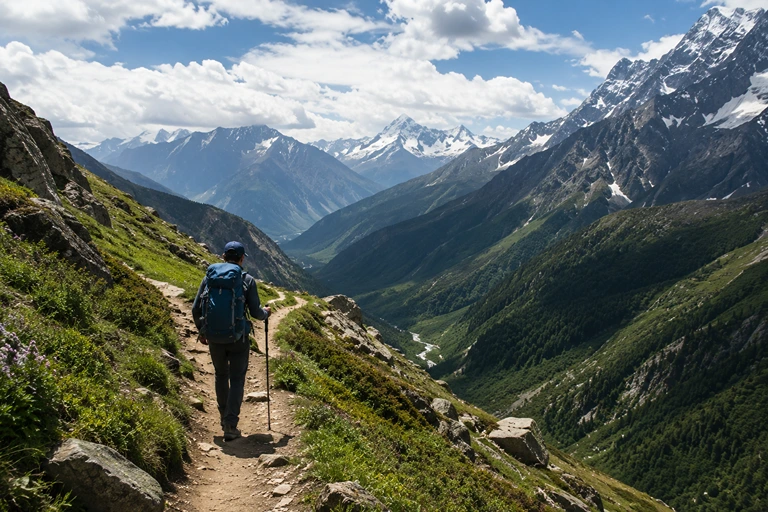 Trekker walking toward a mountain horizon