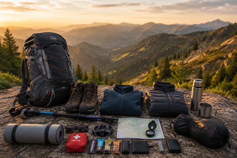 Trekking gear laid out for preparation
