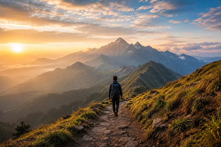 Sunrise summit view with mountains