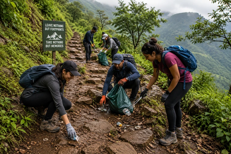 Trekkers cleaning a trail