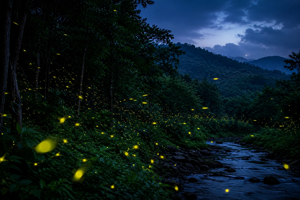 Fireflies glowing in a forest at night